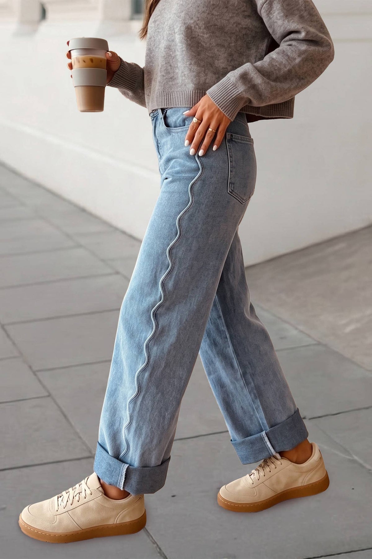Fashion Scalloped Seam Detail Mid Rise Jeans | S-XL