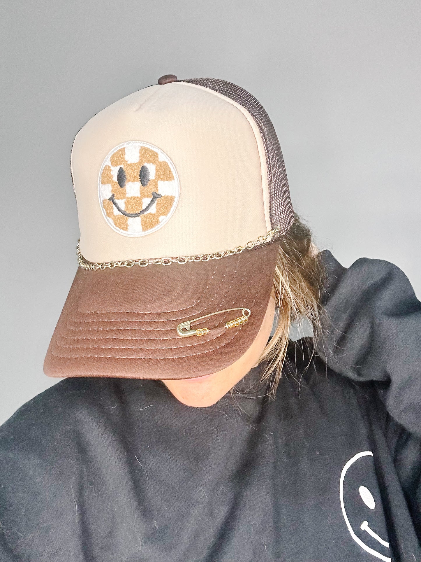 Brown Smiley Trucker Hat- thin chain