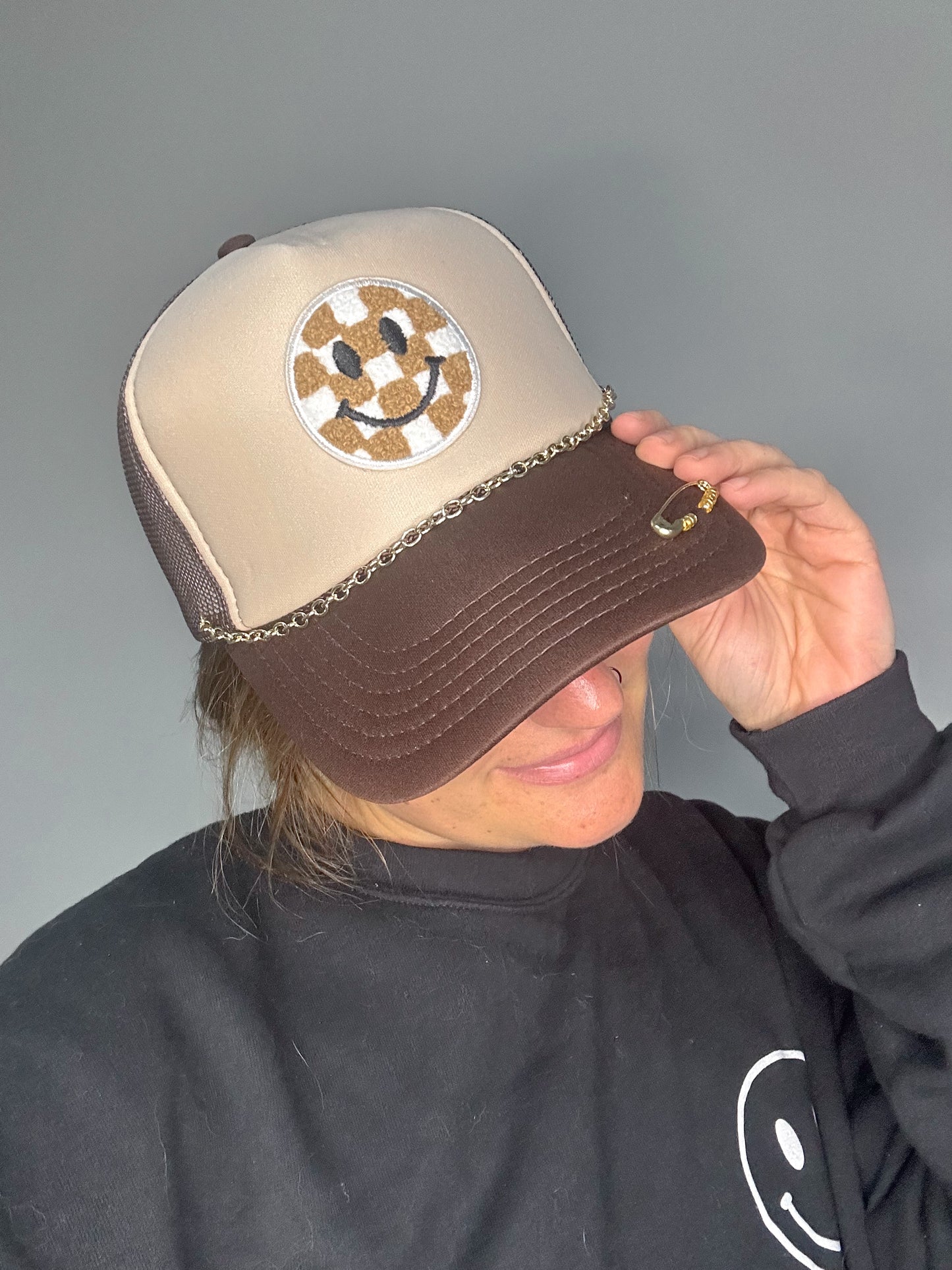 Brown Smiley Trucker Hat- thin chain